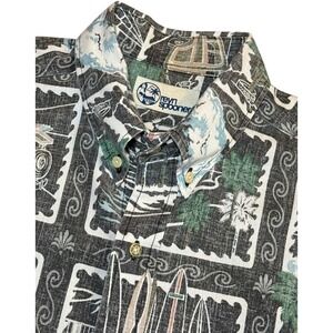 Reyn Spooner Mens L Aloha Shirt Reverse Print Postage Stamp Surf Sailboat S/S